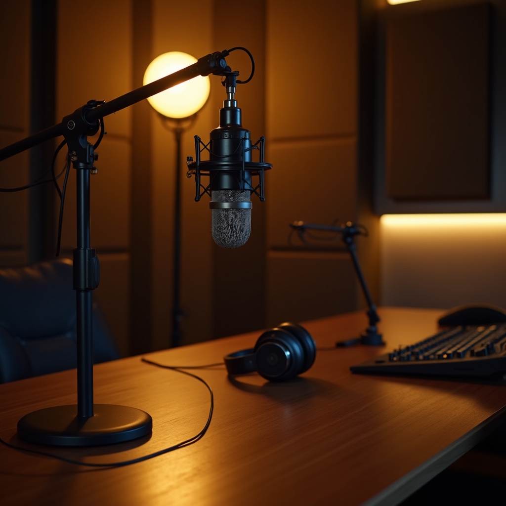 Podcast recording studio with microphone and warm lighting