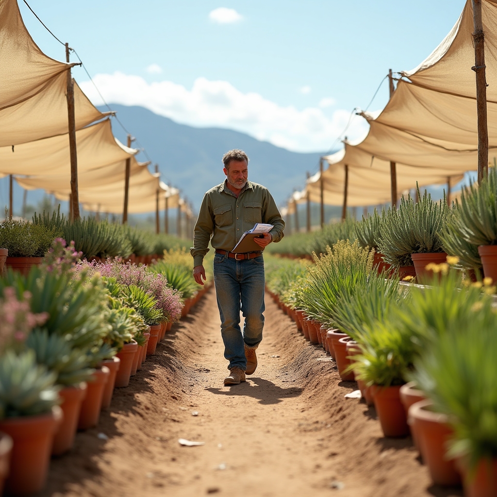 Plant nursery owner in Mendoza among rows of plants